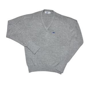 Izod Lacoste Vintage 80s Crocodile Grey Orlon Acrylic V Neck Tennis Sweater M
